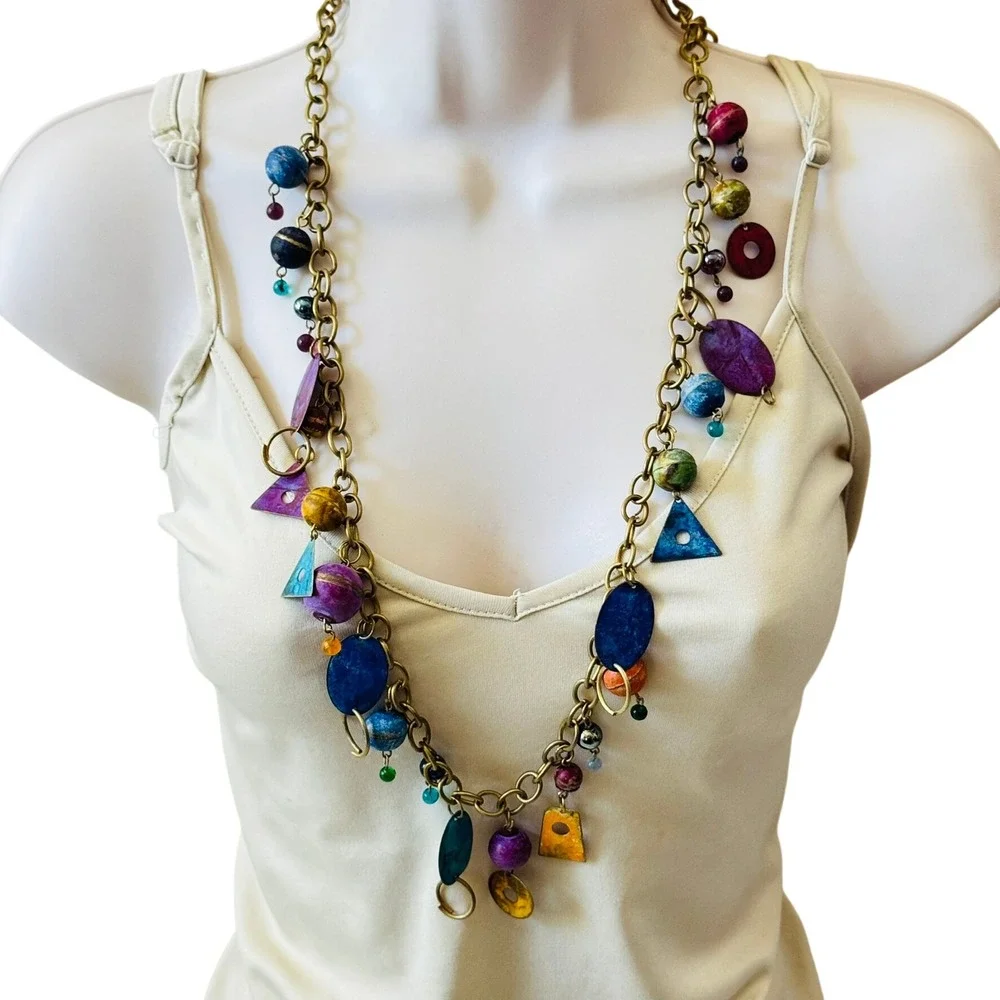 VTG BOHO Colorful Brass Chain Dangle Belt Necklace Cha‎ cha Glass Chunky Retro